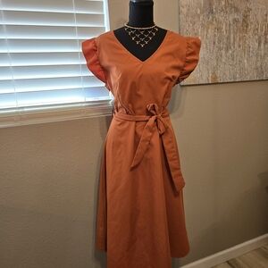 SHEIN Orange Midi Dress with Ruffle Sleeves